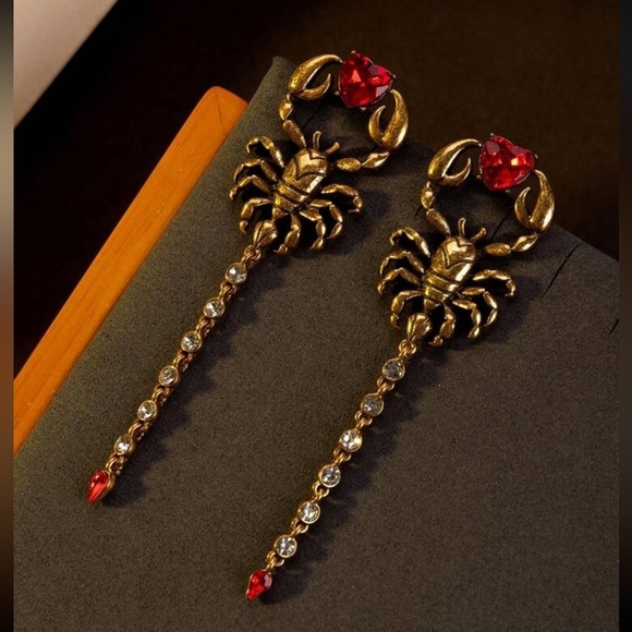 Anthropologie Jewelry - Gothic Scorpion Drop Earrings | Red Crystal Heart & Rhinestone Tail